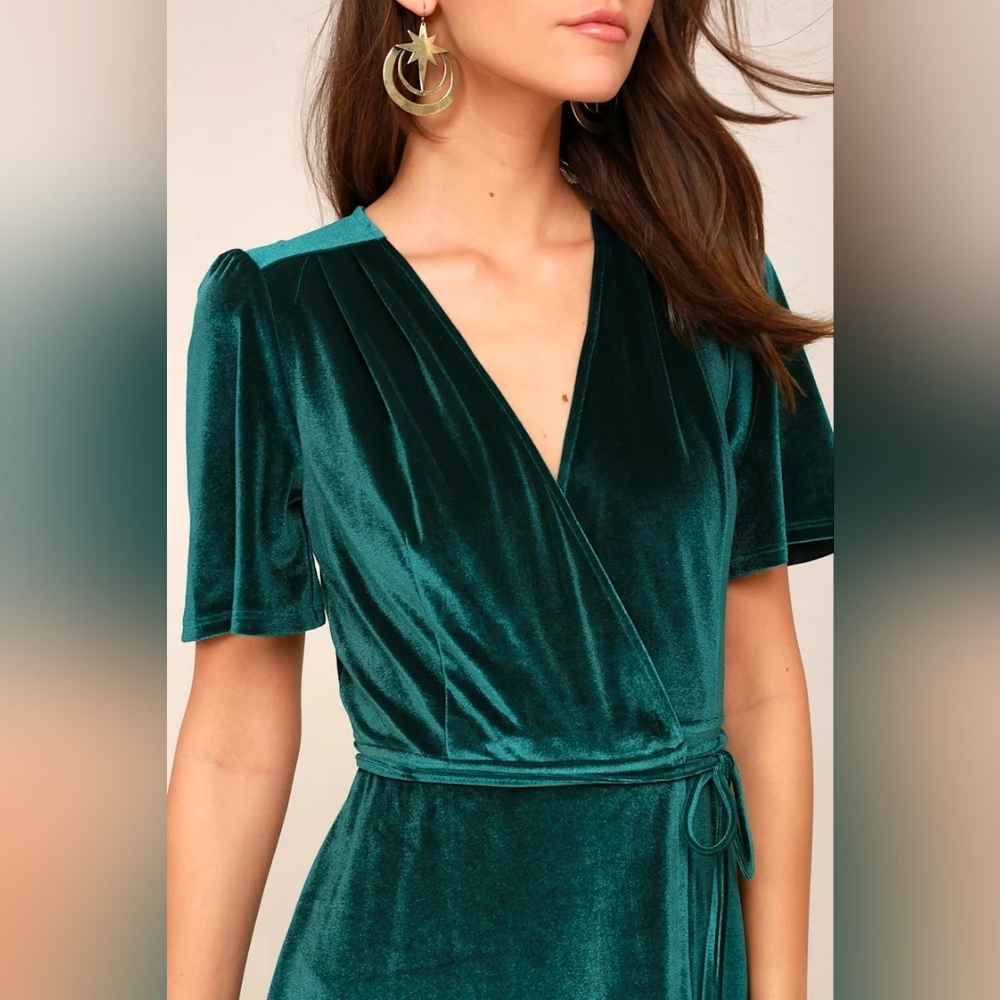 Lulus Amour Teal Green Velvet High-Low Wrap Dress - Picture 4 of 11